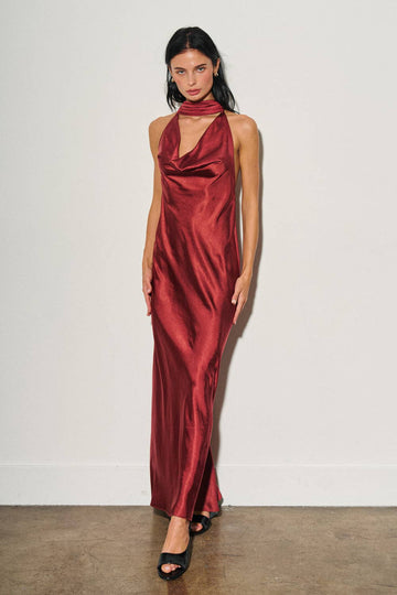 Satin Cowled Scarf-Neck Maxi Dress