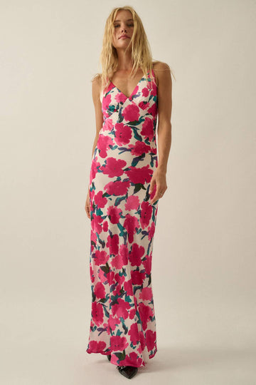 Floral-Print Crepe Bias-Cut V-Neck Maxi Dress