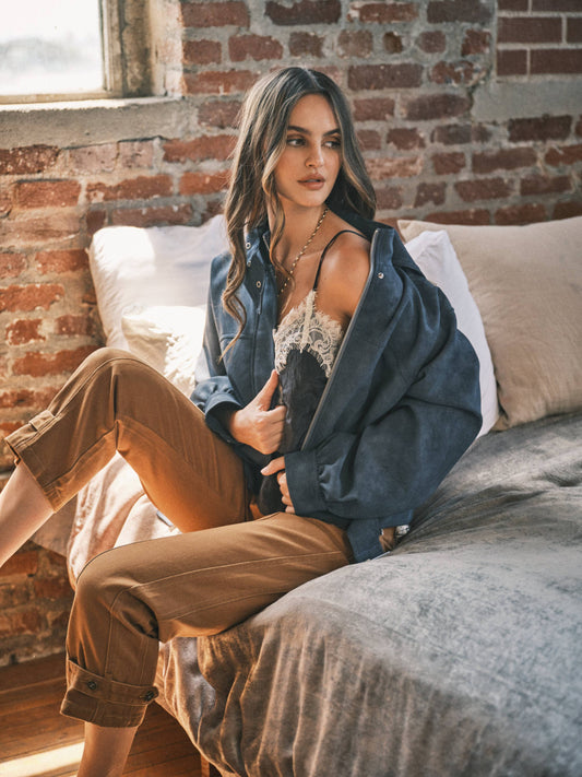 Haden High-Collar Belted Vintage-Inspired Bomber Jacket