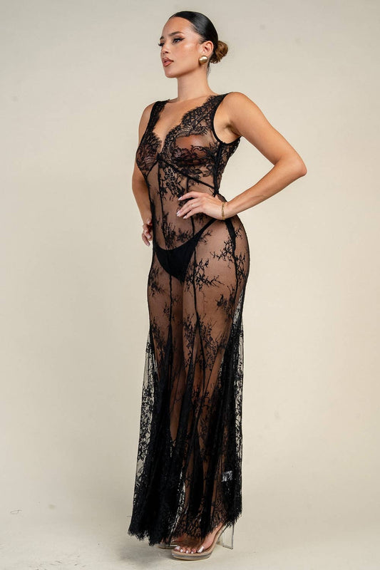 YD30292K FLORAL MESH LACE MAXI DRESS