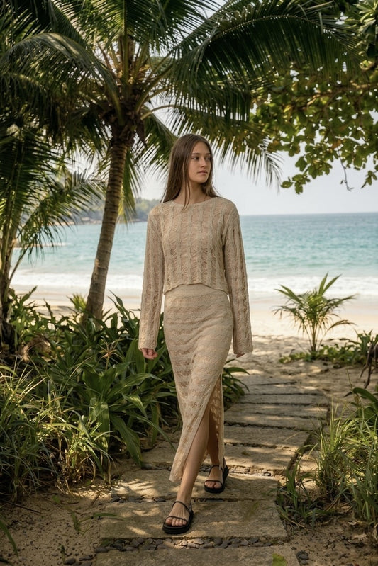 Crochet Sweater & Side Slit Midi Skirt Set