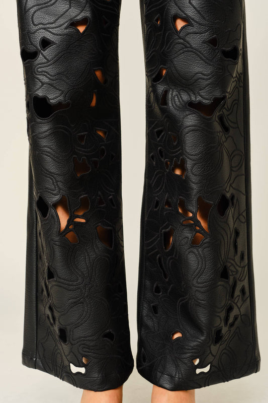 The Chelsi Cutout Embroidered Faux Leather Pants