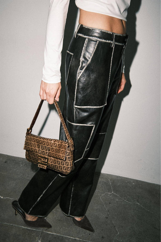 Ada Faux Leather Contrast Stitch Cargo Wide Leg Pants