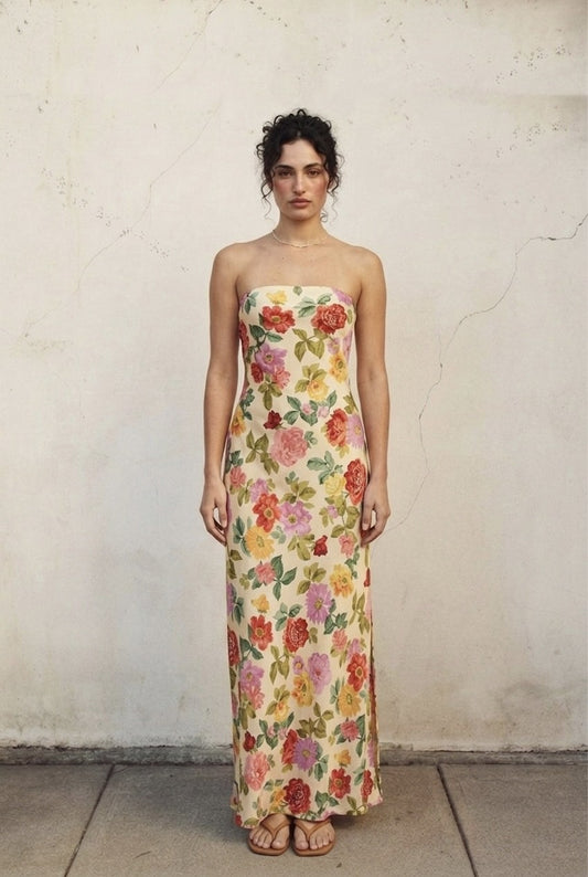The Painted Garden Strapless Maxi Dress