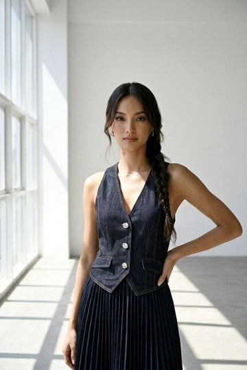 The Metropolis Accordion Pleated Denim Midi Dress