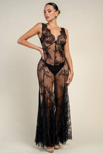 YD30292K FLORAL MESH LACE MAXI DRESS