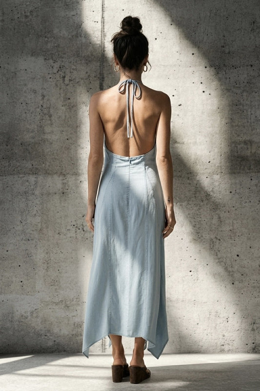 Indigo Theory Tencel Denim Halter Handkerchief Maxi Dress
