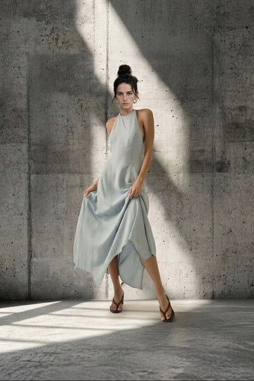 Indigo Theory Tencel Denim Halter Handkerchief Maxi Dress