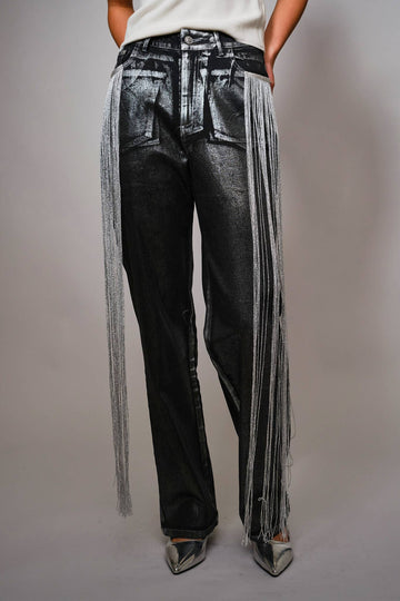 Metallic Fringe Straight Leg Pant