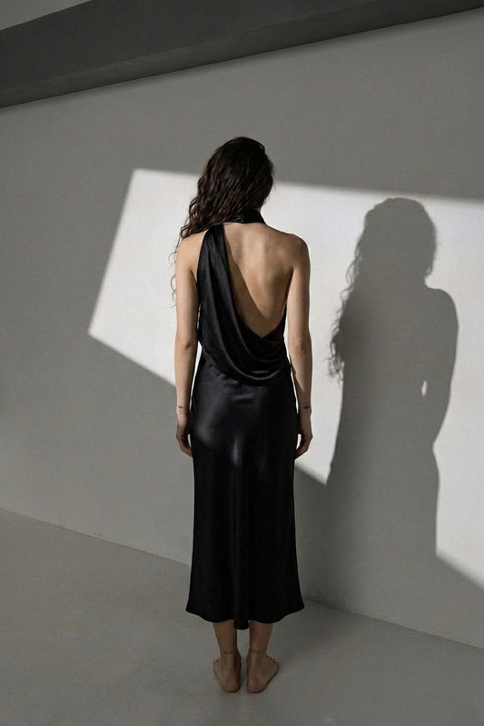 The Noir Theory "High Society" Open Back Midi Dress