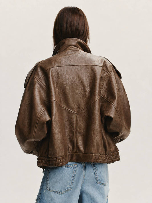 Carmie Oversized Stand-Collar Leather Biker Jacket