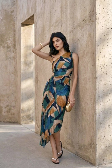 The Prism Palm Asymmetrical Pleated Dress