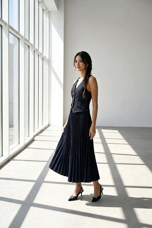 The Metropolis Accordion Pleated Denim Midi Dress