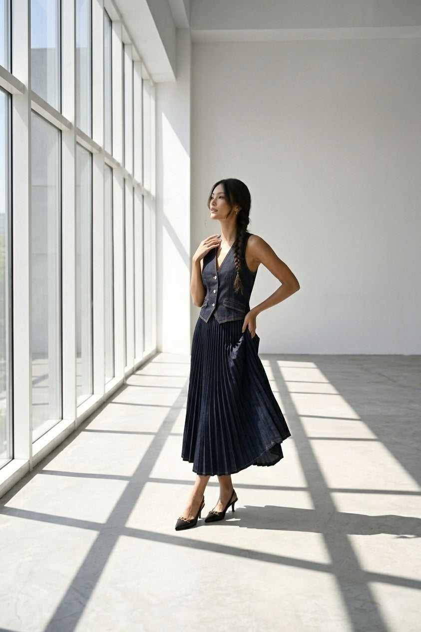 The Metropolis Accordion Pleated Denim Midi Dress