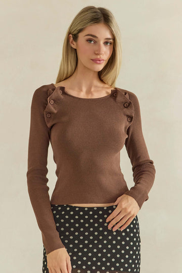 Skylar Ruffle Long Sleeve Sweater with Button Detail