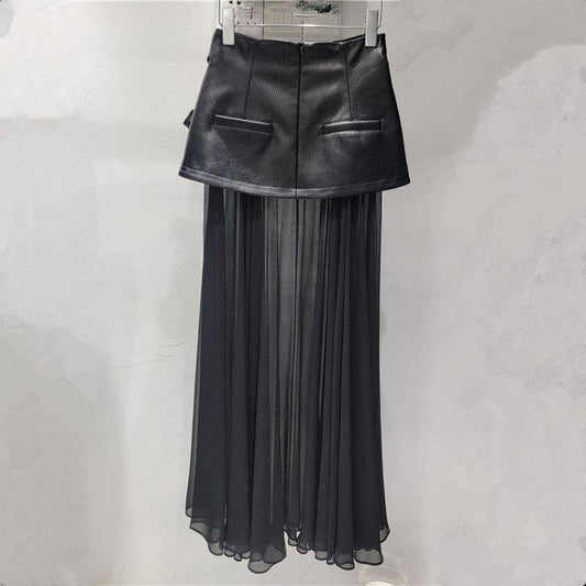 M158 Mesh Spliced PU Leather Pleated Black Maxi Skirt
