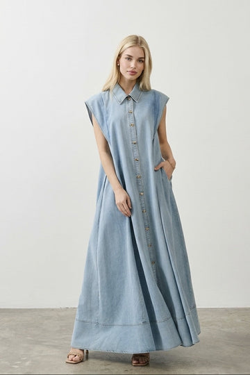 The Theorem Sweep Light Denim Maxi Dress