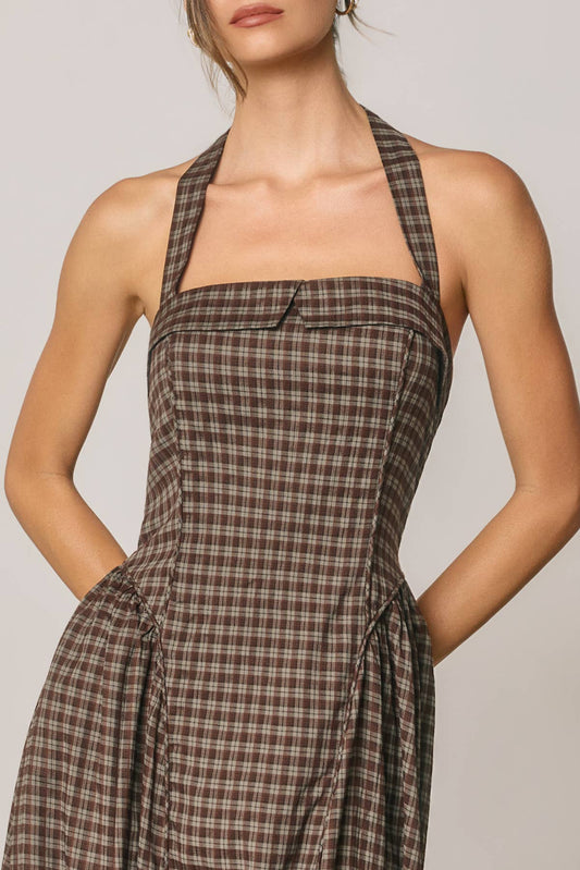 Gigi Plaid Halter Open Back Midi Dress