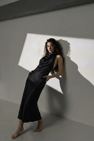 The Noir Theory "High Society" Open Back Midi Dress