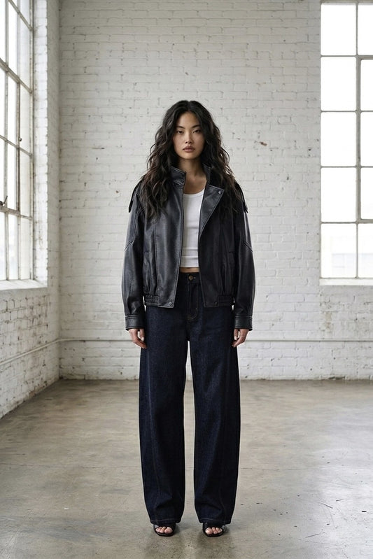 Relaxed High Neck Faux Leather Jacket