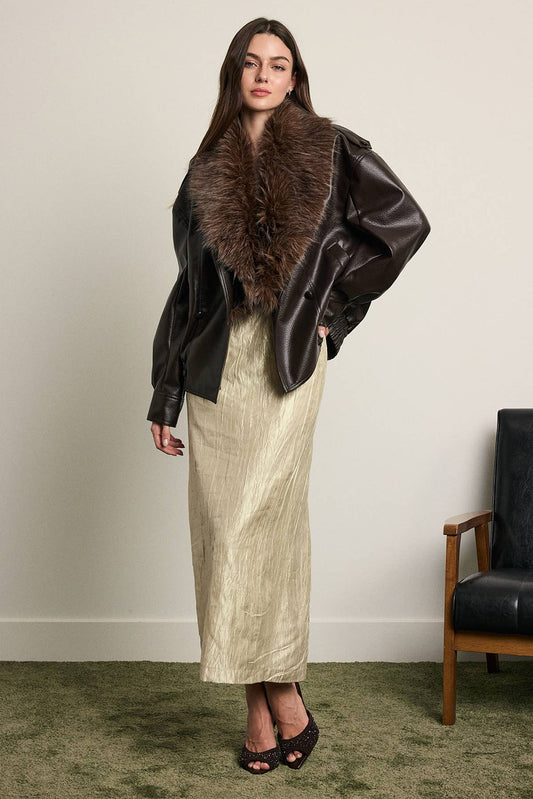 Laurene Oversized Leather Jacket with Detachable Faux-Fur Collar