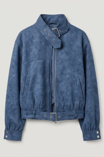 Haden High-Collar Belted Vintage-Inspired Bomber Jacket