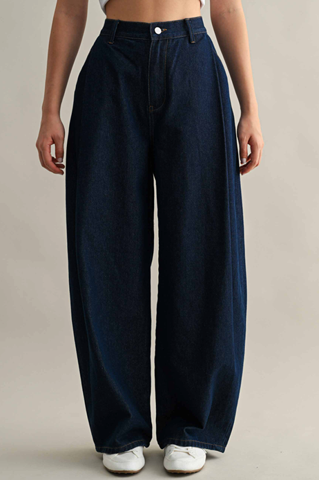 Pleated Barrel Leg Denim Trouser - Dark Wash