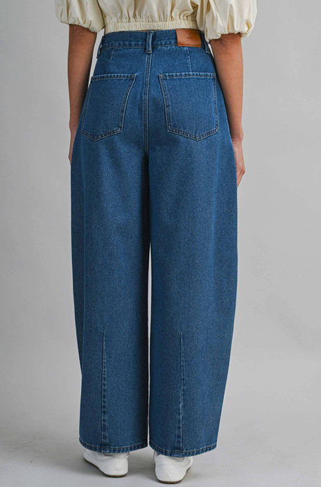 Pleated Barrel Leg Denim Trouser - Medium Wash