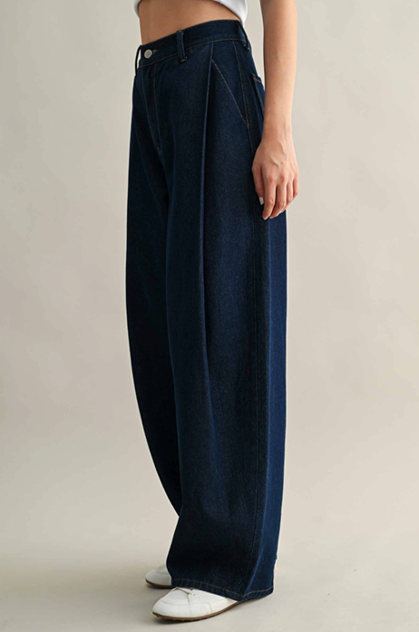 Pleated Barrel Leg Denim Trouser - Dark Wash