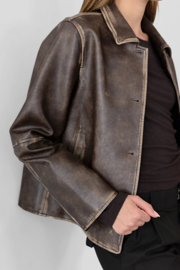 Distressed Button-Down Leather Jacket