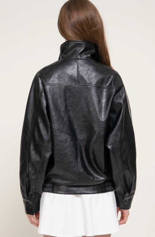 OPP Relaxed High Neck Faux Leather Biker Jacket
