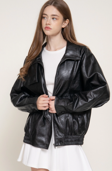 OPP Relaxed High Neck Faux Leather Biker Jacket