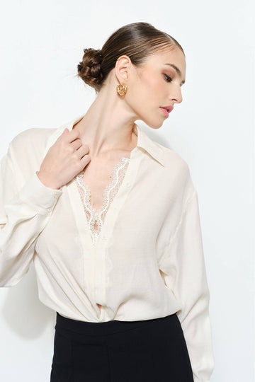 The White Theory Elegant Lace Trim V-Neck Blouse