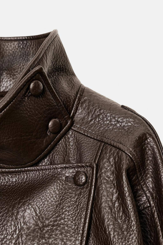Carmie Oversized Stand-Collar Leather Biker Jacket (Pre-Order for Sept 30)