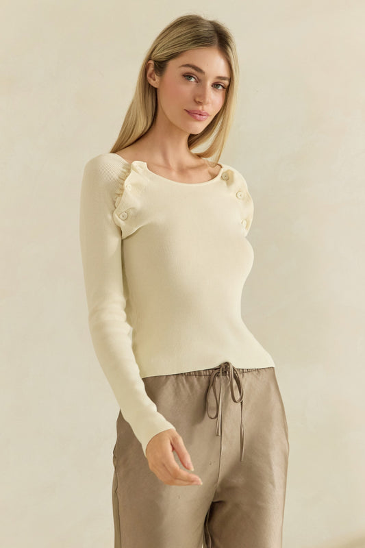 Skylar Ruffle Long Sleeve Sweater with Button Detail