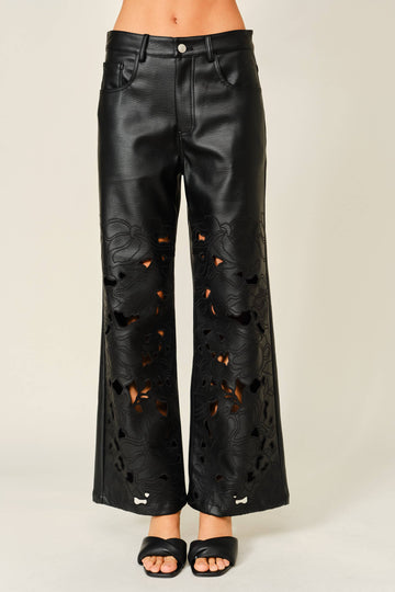 The Chelsi Cutout Embroidered Faux Leather Pants
