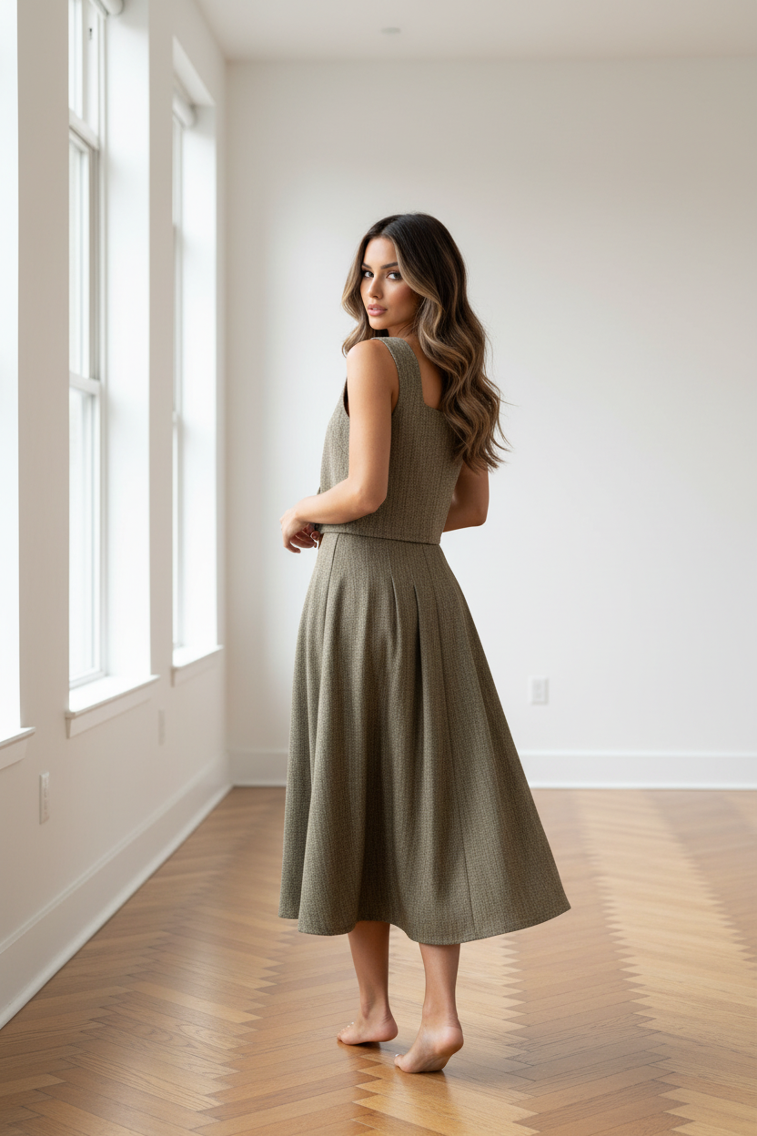 Back shot, glancing over shoulder