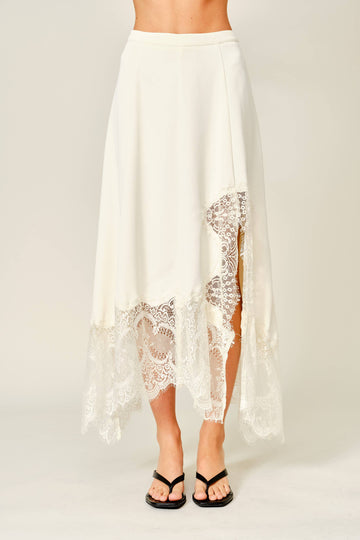 Cierra Lace Inset Unbalance Hem Midi Skirt