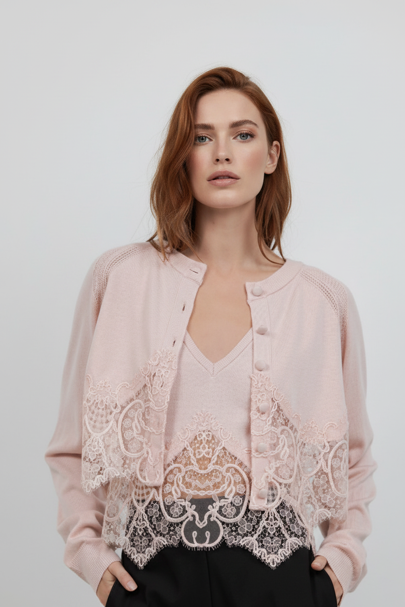Blush 6 – Half body, hand on cardigan