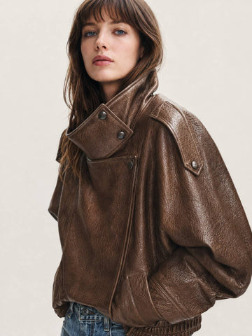 Carmie Oversized Stand-Collar Leather Biker Jacket (Pre-Order for Sept 30)