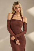 Caminia dress editorial, half-body warm studio portrait