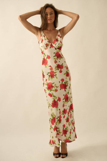Floral-Print Satin Bias-Cut V-Neck Sleeveless Maxi Dress