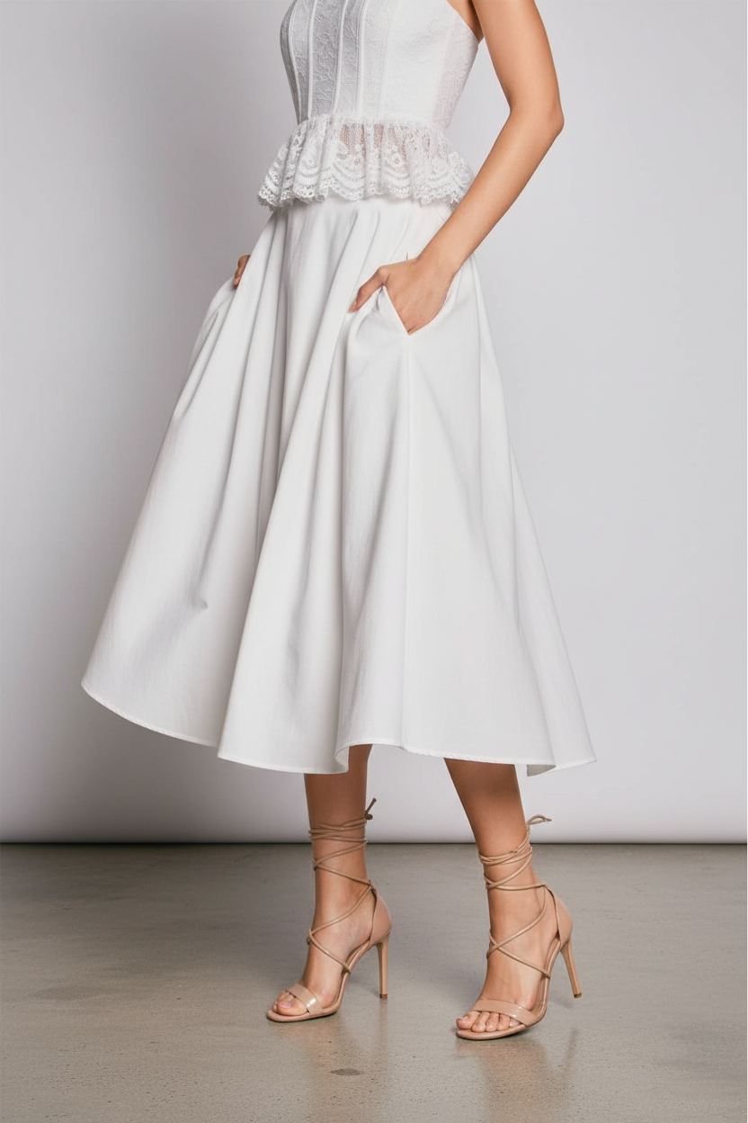 Close-up – feet & hem, strappy heels detail