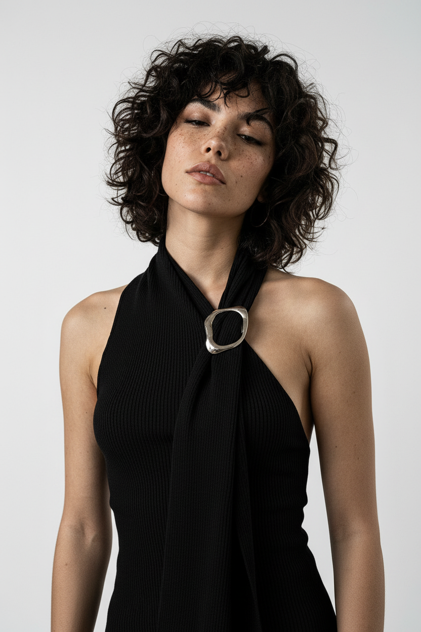Close-up — head tilted back, smoldering, rib texture