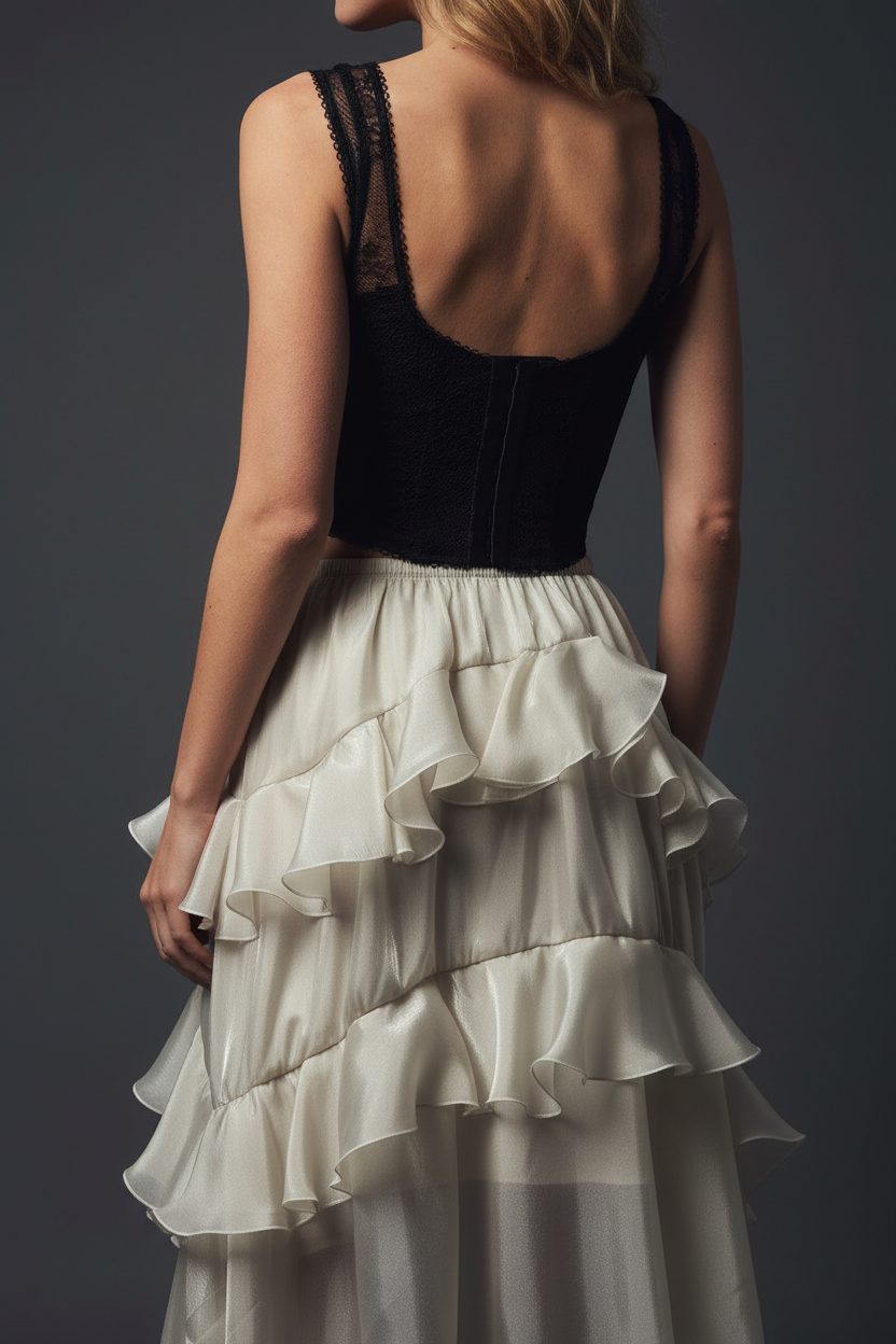 Detail – back closure transitioning into skirt waist