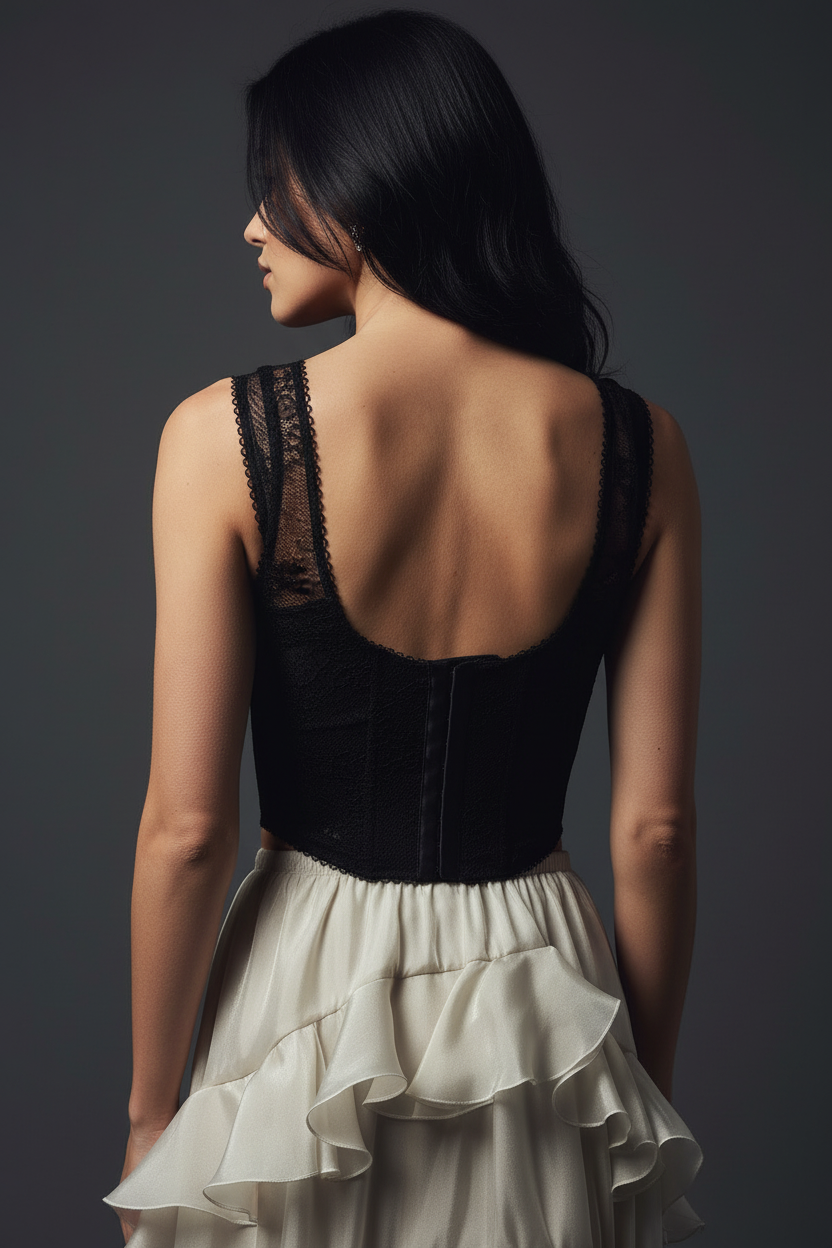 Detail – corset back, hook closure & lace panels