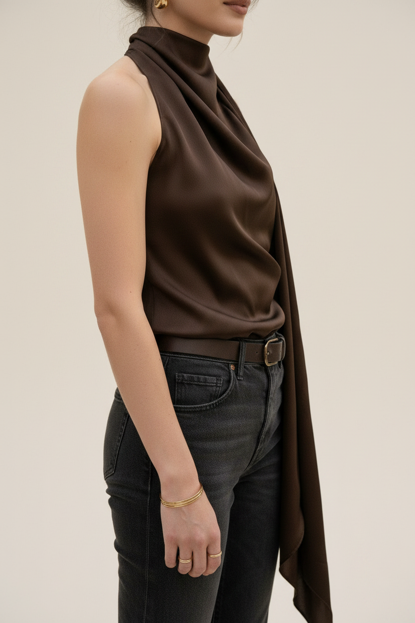 Detail shot — shoulder, scarf & belt
