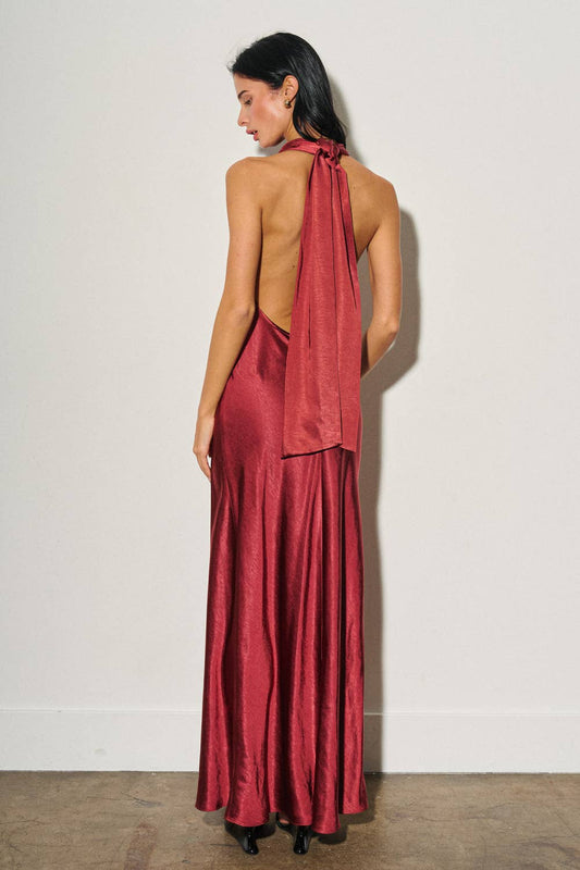 Satin Cowled Scarf-Neck Maxi Dress