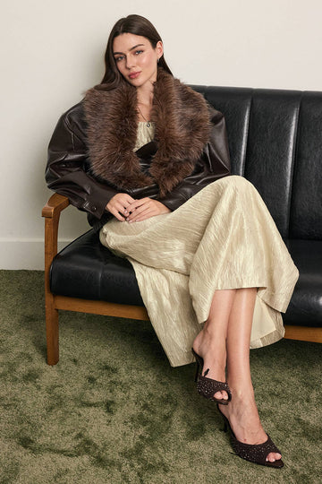 Laurene Oversized Leather Jacket with Detachable Faux-Fur Collar