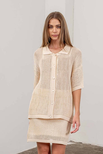 Crochet Short Sleeve Cardigan & Mini Skirt Set